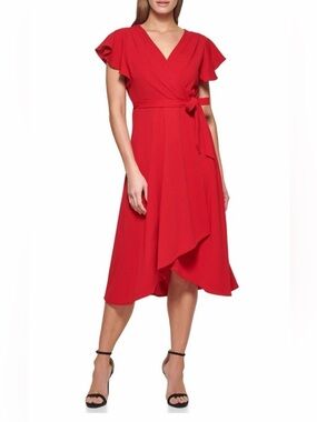 DKNY Red Wrap Midi Dress with Tie Waist